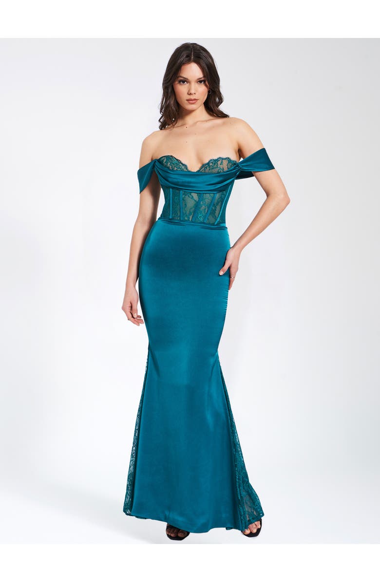 Miss Circle Callista Satin Lace Corset Maxi Dress, Main, color, Teal