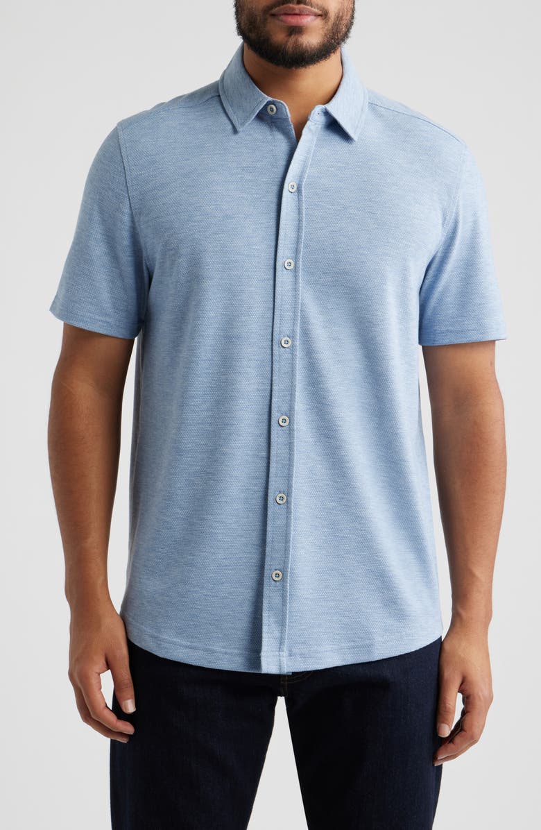 Johnston & Murphy Bennett Short Sleeve Heathered Cotton Blend Button-Up Shirt, Main, color, Light Blue Honeycomb