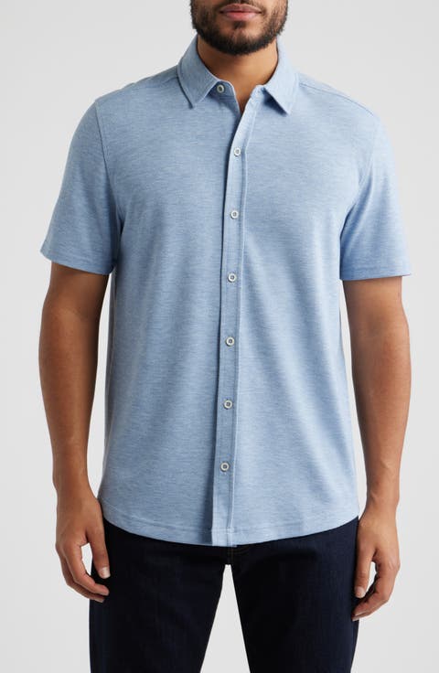 Bennett Short Sleeve Heathered Cotton Blend Button-Up Shirt