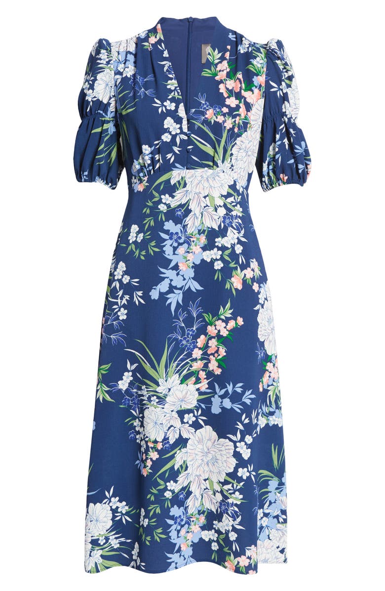 Vince Camuto Floral Puff Sleeve Pebble Crepe Midi Dress, Alternate, color, 
