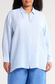Eileen Fisher Classic Collar Organic Linen Long Button-Up Shirt