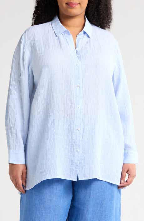 Eileen Fisher Classic Collar Organic Linen Long Button-Up Shirt
