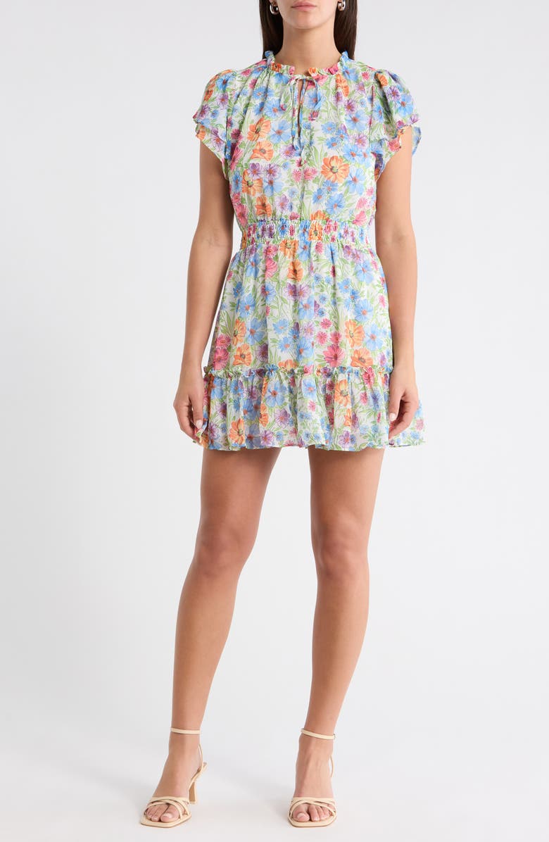SUGARLIPS Ezia Garden Floral Print Ruffle Minidress, Main, color, Blue-Pink