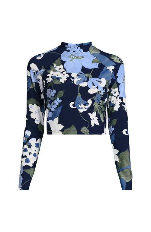 Lands' End Long Sleeve Mock Neck Cropped Upf 50 Sun Protection Rash Guard In Deep Sea Navy Lilies
