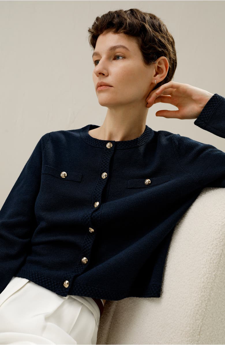 Lilysilk Wool Button-Front Sweater Lady Jacket, Alternate, color, Navy Blue