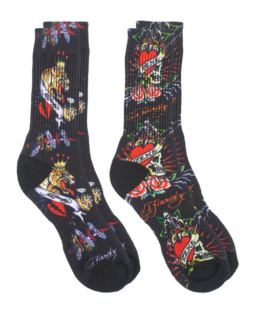 Ed Hardy 360 Print Full Cushion Crew Sock 2-pack In Gray
