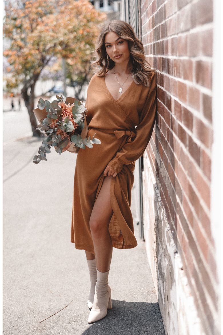 Nova Long Sleeve Maxi Wrap Dress, Alternate, color, CAMEL
