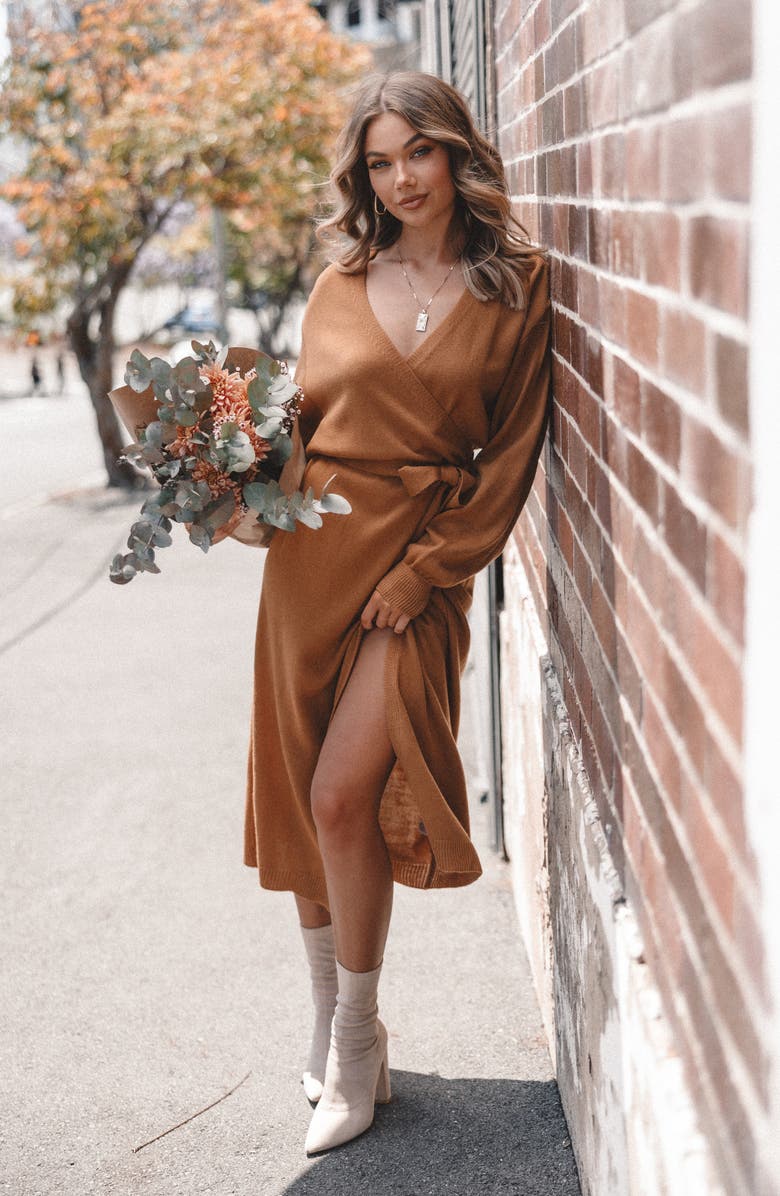 Petal & Pup Nova Long Sleeve Maxi Wrap Dress, Alternate, color, Camel