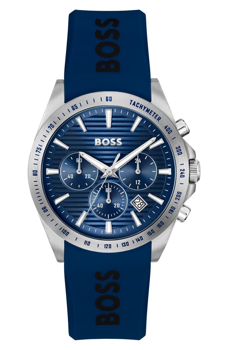 BOSS Strike Chronograph Silicone Strap Watch, 41mm, Main, color, Navy Blue
