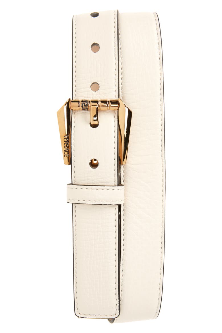 Greca Buckle Calfskin Leather Belt, Main, color, ECRU-VERSACE GOLD