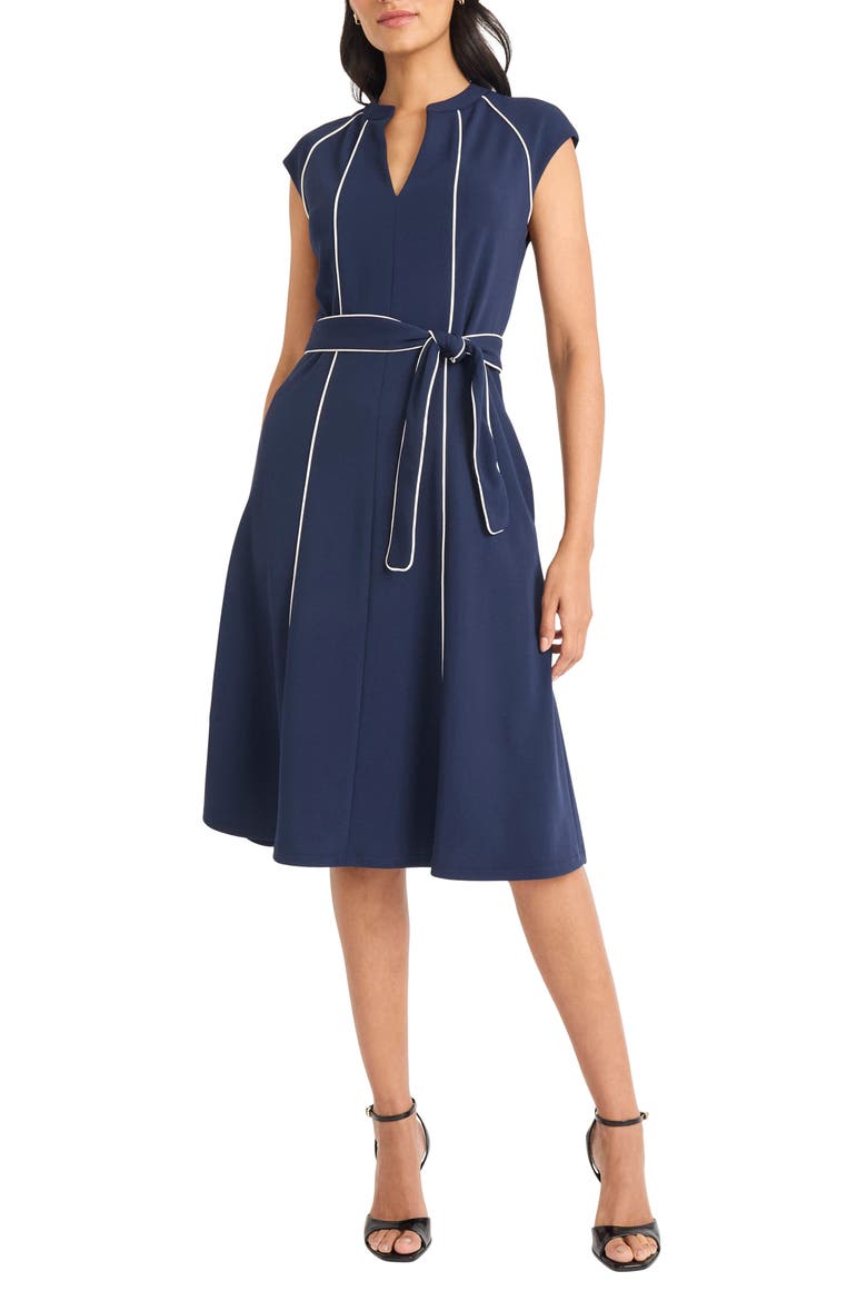 Contrast Piped Belted Midi Dress, Main, color, NAVY BLAZER