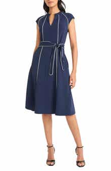 Maggy London Contrast Piped Belted Midi Dress