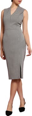 London Times V-Neck Pleated Shoulder Sheath Dress