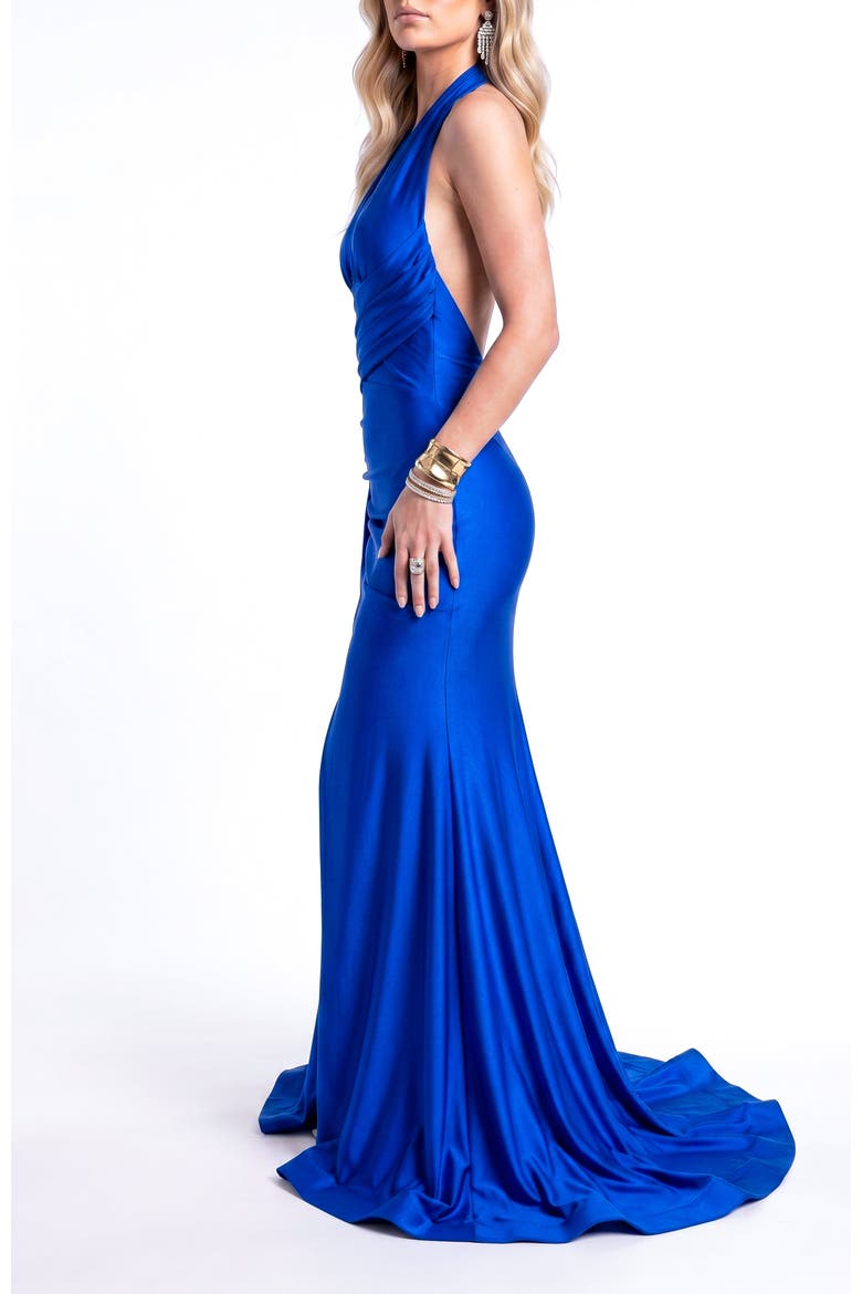 Ruched Halter Mermaid Gown With Side Drape and Slit, Alternate, color, Royalty Royal