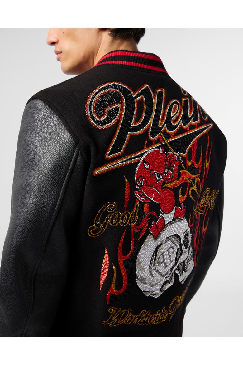 Varsity Bomber With Leather Sleeves Devil Skull Men, Alternate, color, black