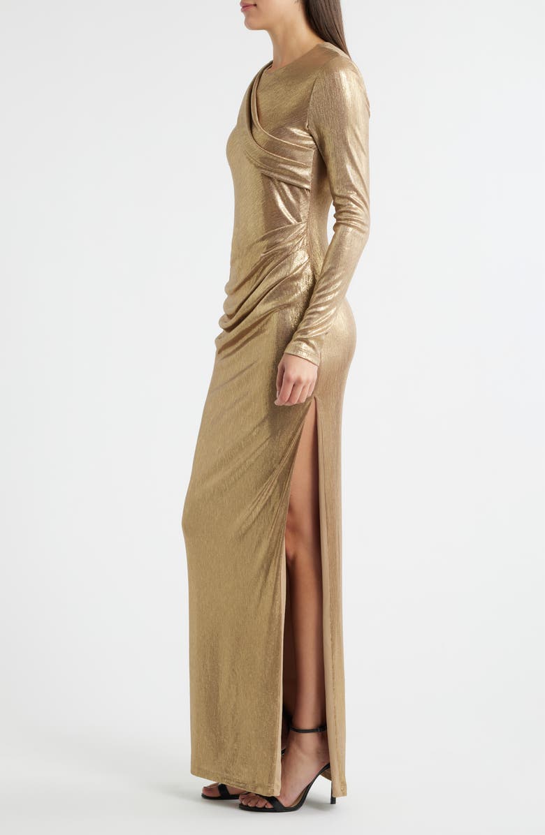 Black Halo Marika Metallic Draped Long Sleeve Gown, Alternate, color, Liquid Gold