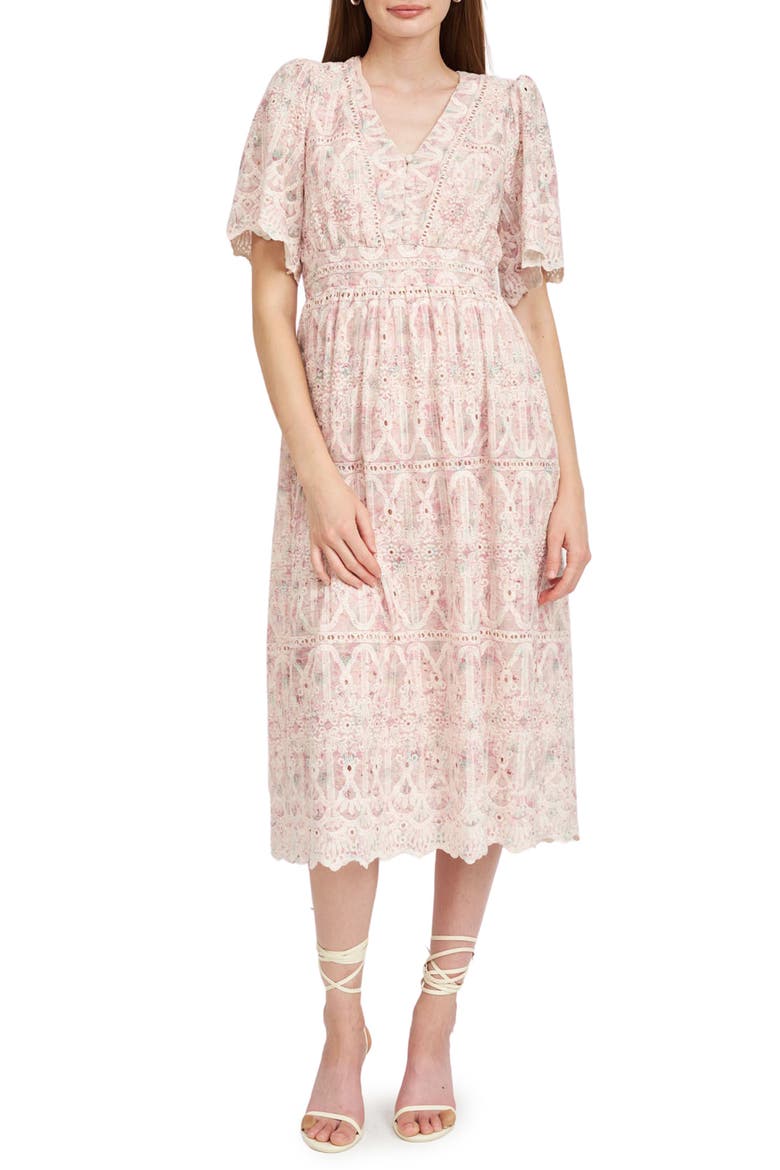 Kiera Lace Eyelet Midi Dress, Main, color, PINK
