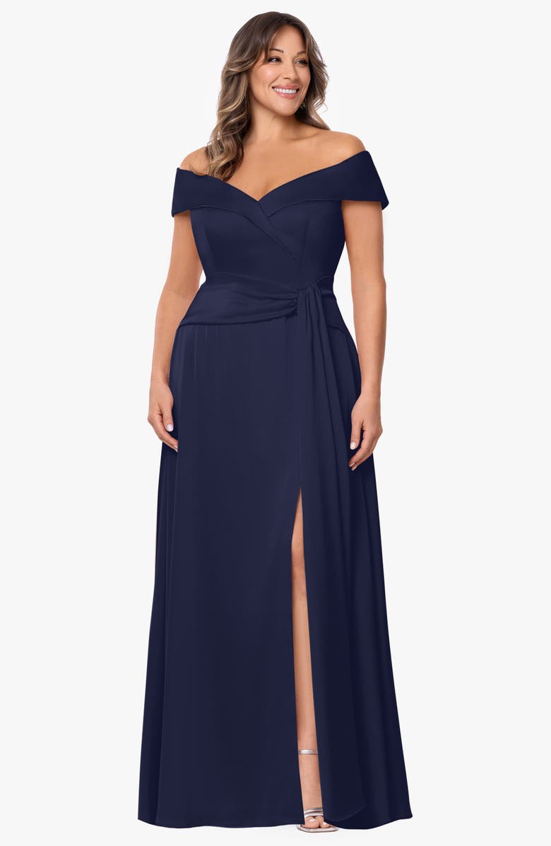 Xscape Evenings Off the Shoulder Satin Gown, Alternate, color, 