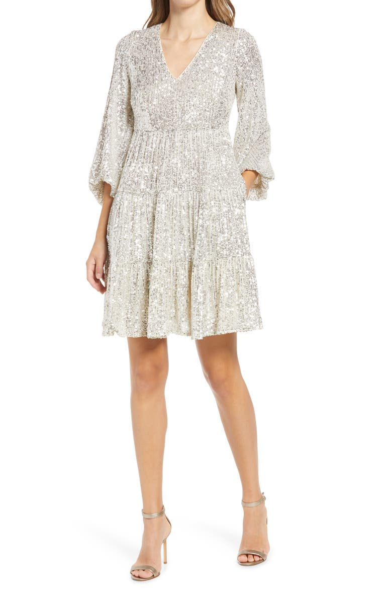 Balloon Sleeve Sequin Skater Dress, Main, color, SILVER