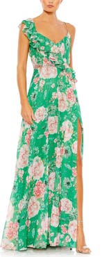 Mac Duggal Floral Print Ruffled Wrap Over A Line Gown