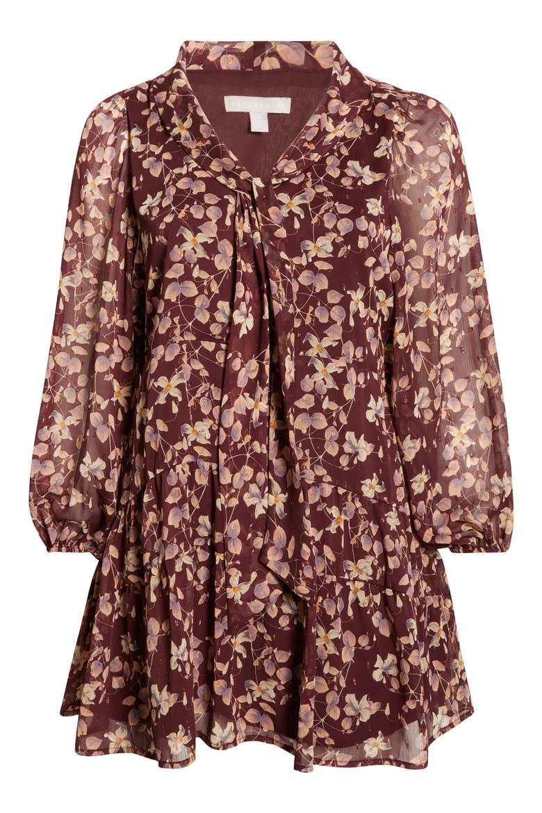 Tie Neck Tiered Minidress, Alternate, color, BURGUNDY- PINK MAPLE FLORAL