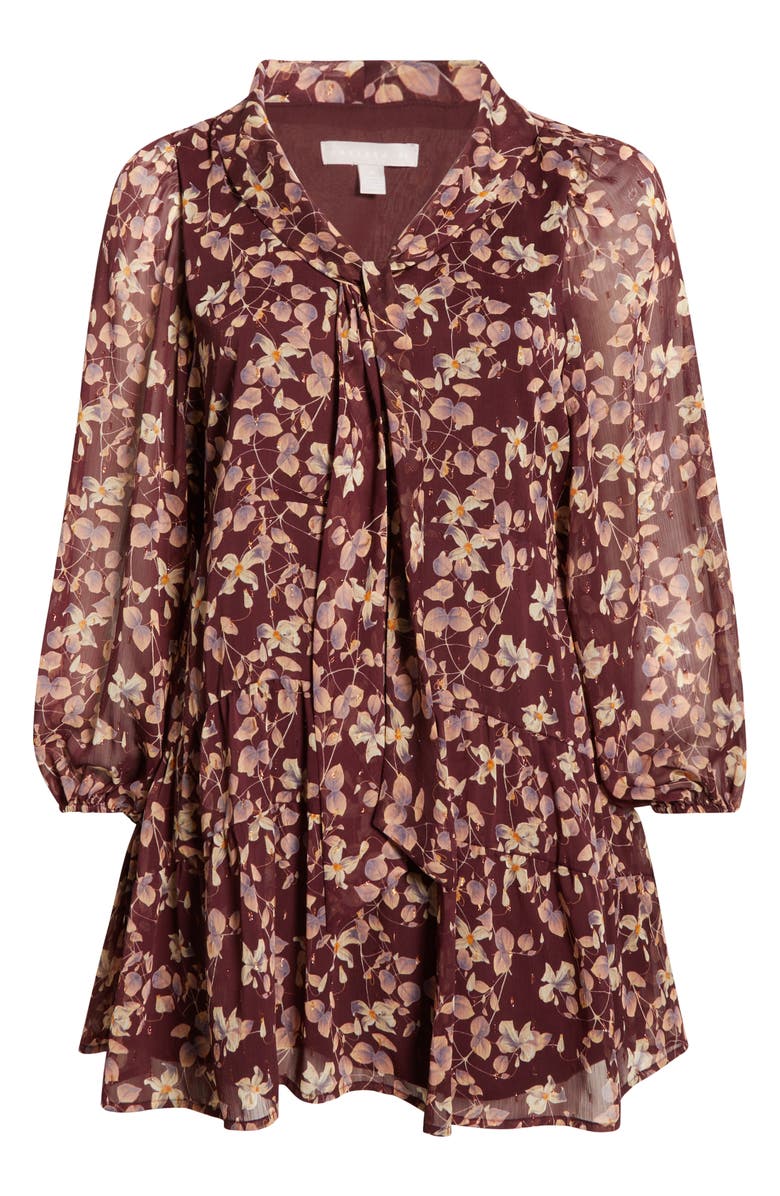 Chelsea28 Tie Neck Tiered Minidress, Alternate, color, Burgundy- Pink Maple Floral