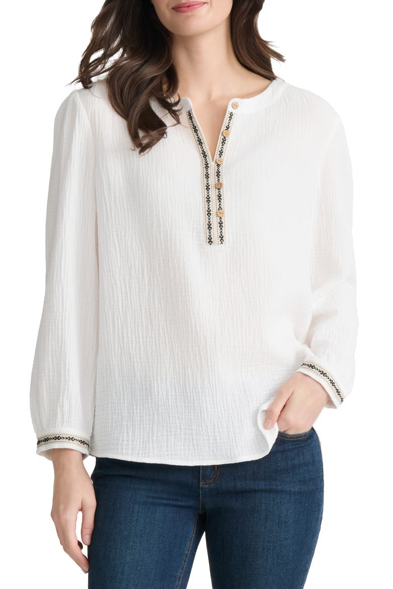 Embroidered Trim Gauze Top, Main, color, NATURAL WHITE