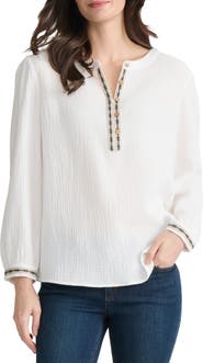 Jones New York Embroidered Trim Gauze Top