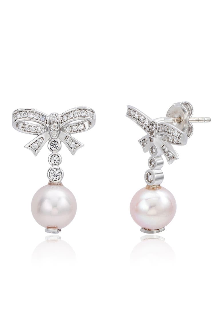Sterling Silver Created White Sapphire & Pink Cultured Freshwater Pearl Bow Drop Earrings, Alternate, color, WHITE
