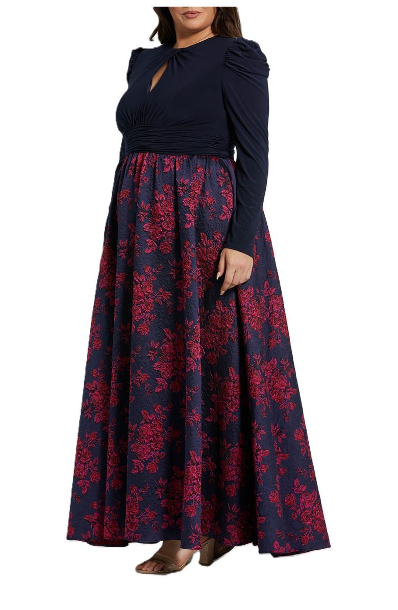 Mac Duggal Long Sleeve Keyhole Knot Neck Floral Bottom Gown, Alternate, color, Midnight