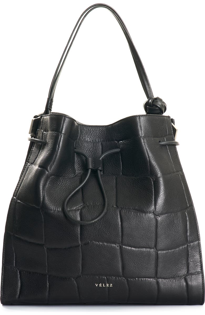 Velez Embossed Leather Tote Bag, Main, color, Black