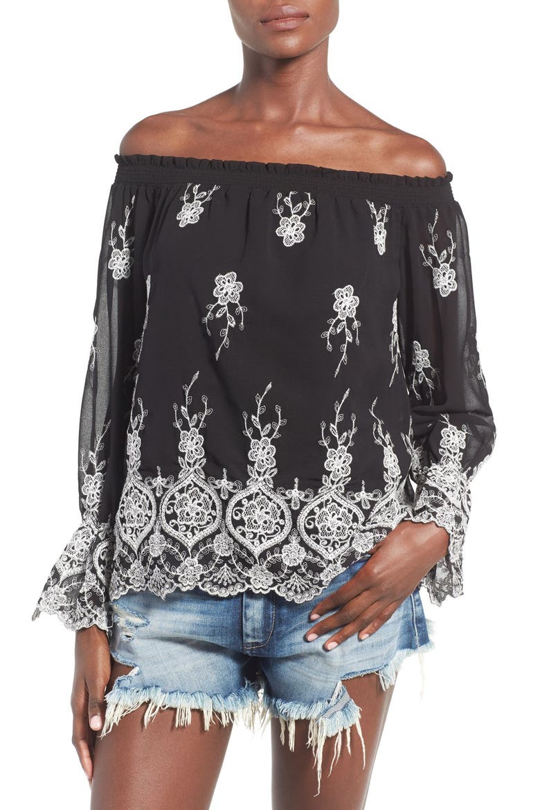 Embroidered Off the Shoulder Top, Main, color, BLACK/ IVORY