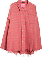 R13 Shredded Seam Oversize Plaid Cotton Flannel Button-Up Shirt