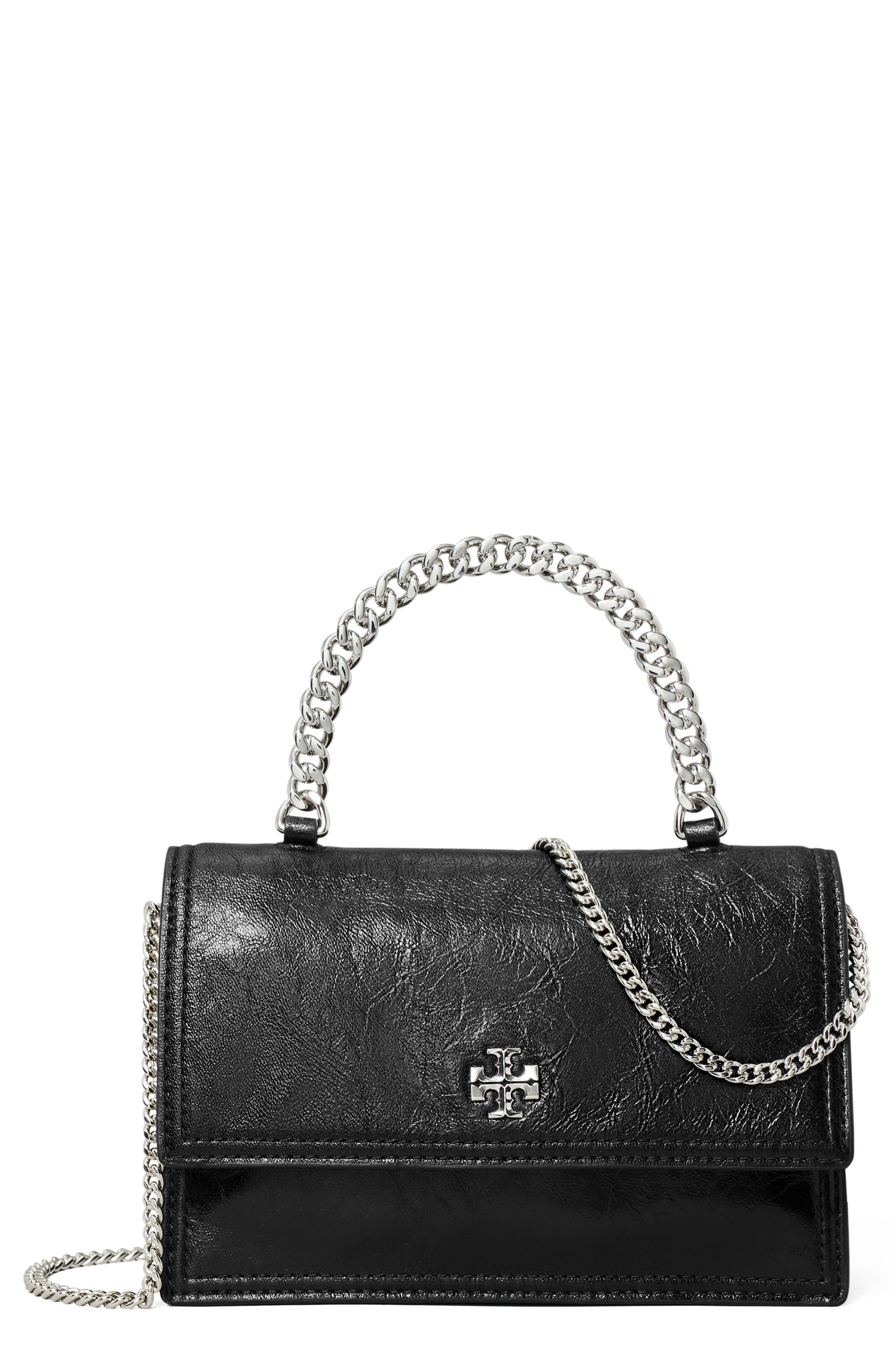 Tory Burch Kira Distressed Mini Top Handle Wallet on a Chain, Main, color, Black