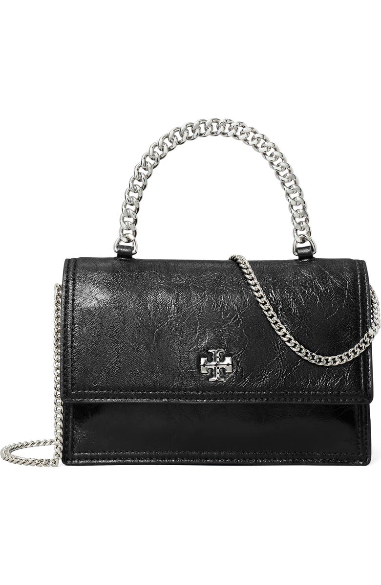 Tory Burch Kira Distressed Mini Top Handle Wallet on a Chain, Main, color, Black