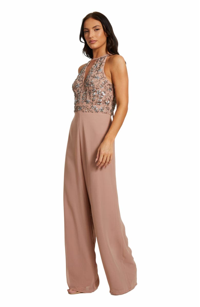 QUIZ Beaded V Neck Chiffon Jumpsuit, Alternate, color, Soft Pink