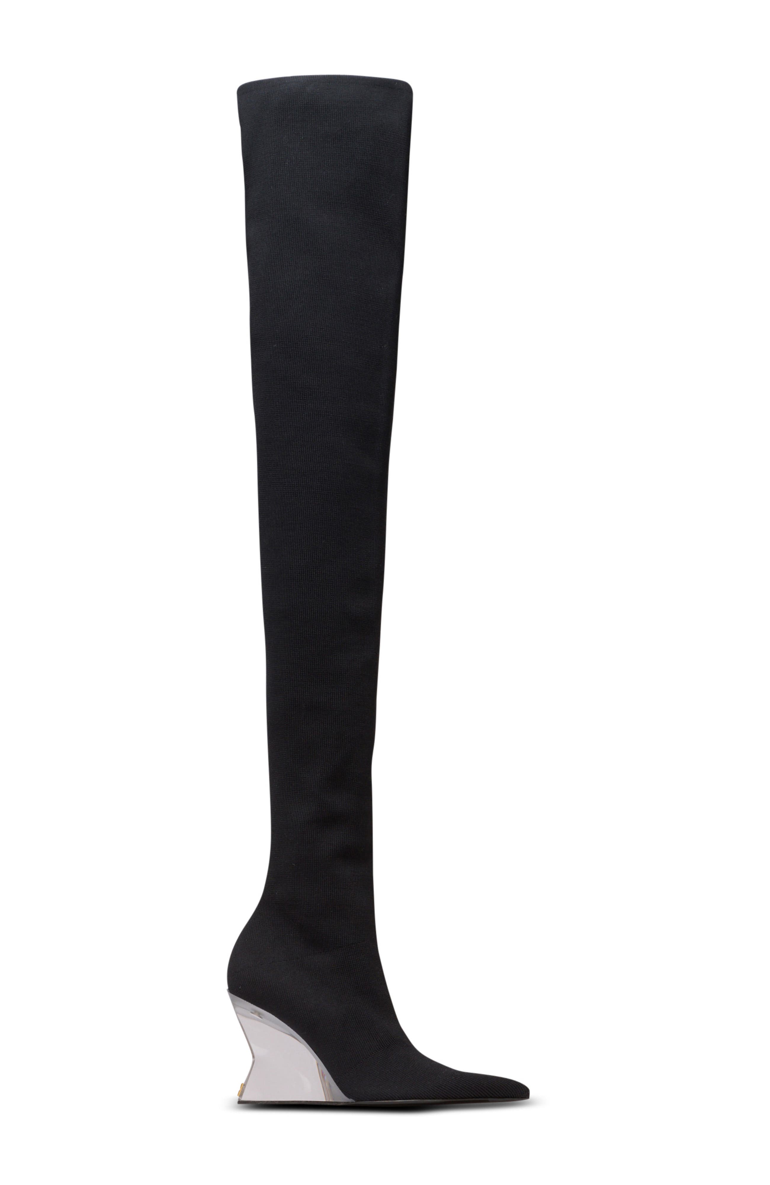 Balmain Wedge knit thigh-high boots, Alternate, color, Black