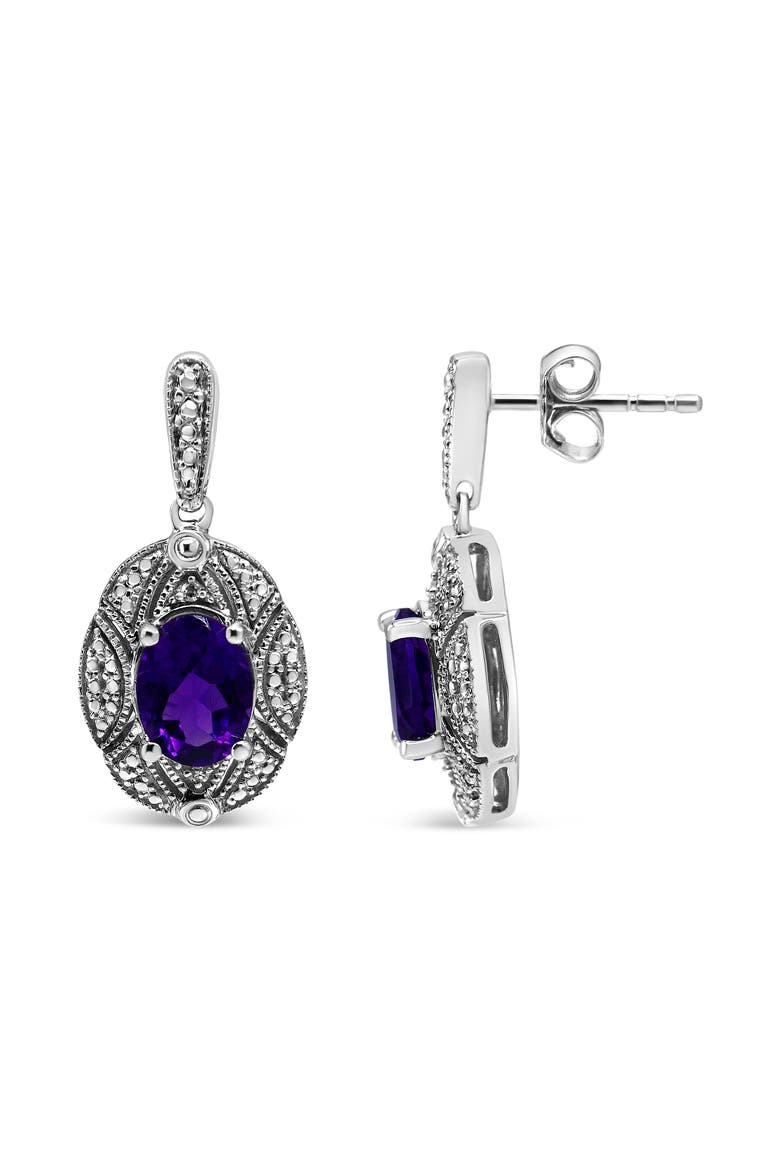 Silver Diamond Accent and 8x6mm Purple Oval Amethyst Stud Earrings, Alternate, color, White