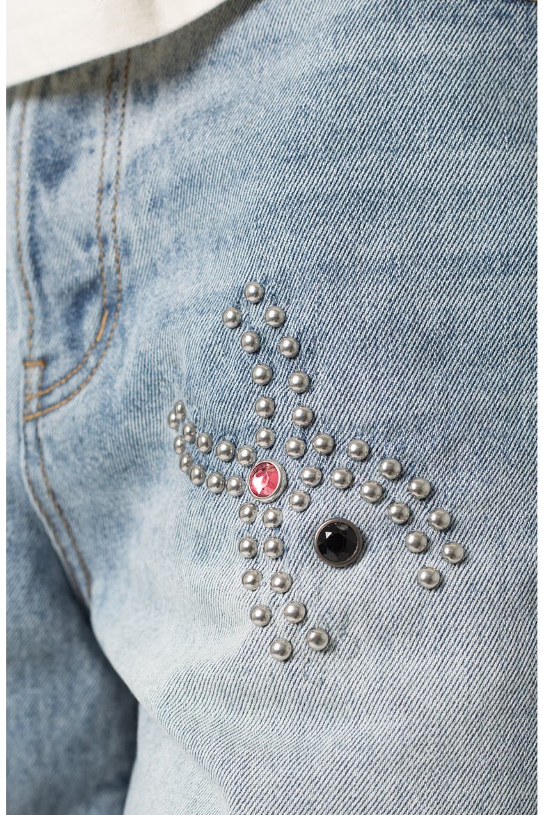 Distressed Spider Denim Shorts, Alternate, color, LIGHT BLUE