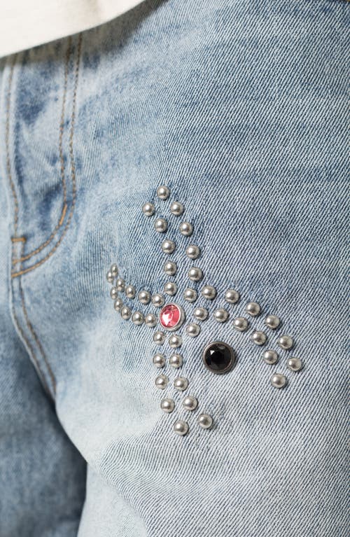 Mnml Distressed Spider Denim Shorts In Light Blue