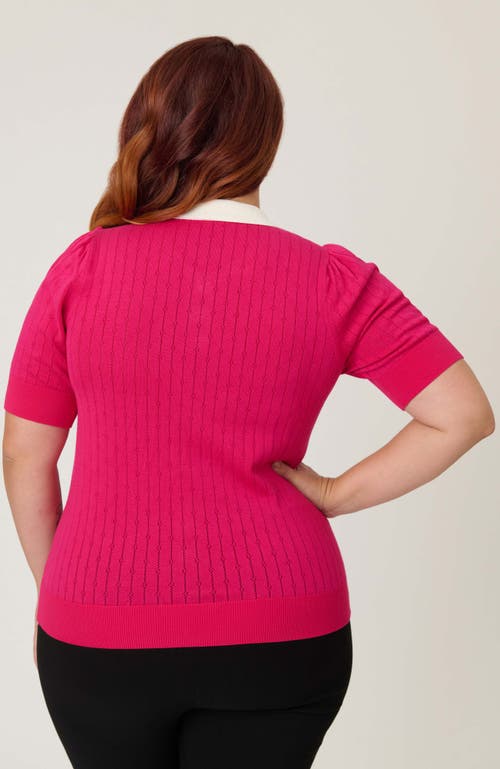Unique Vintage Plus Size Collared Short Sleeve Prim & Pretty Sweater In Pink