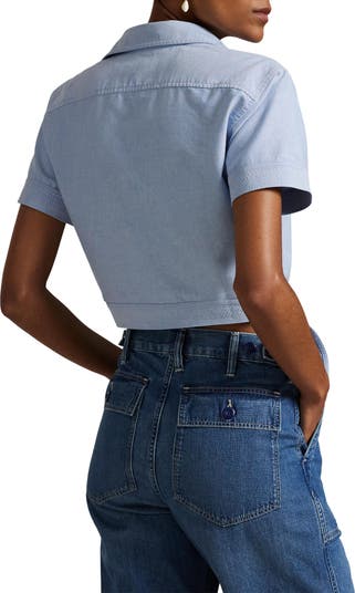 売れ筋商品|||ラルフローレン シャツ レディース トップス COTTON OXFORD TIE FRONT CROPPED SHIRT - Button-down blouse - blue Ralph Lauren Cotton Oxford Tie Front Cropped Shirt