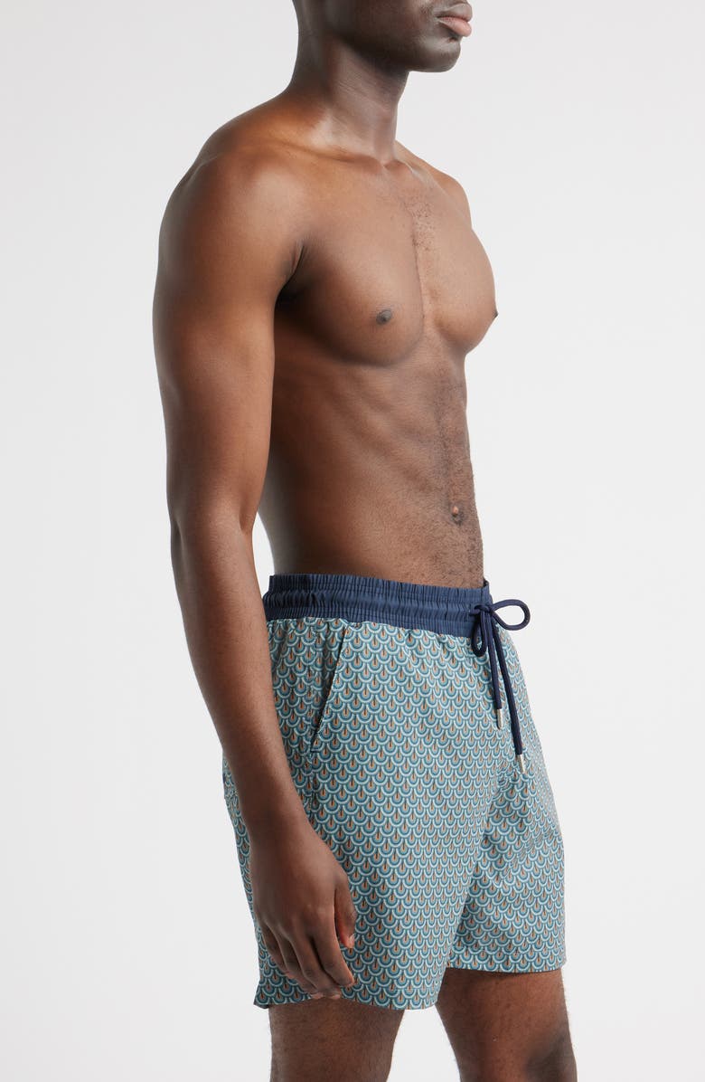 Stone Rose Retro Wallpaper Print Swim Trunks, Alternate, color, Blue