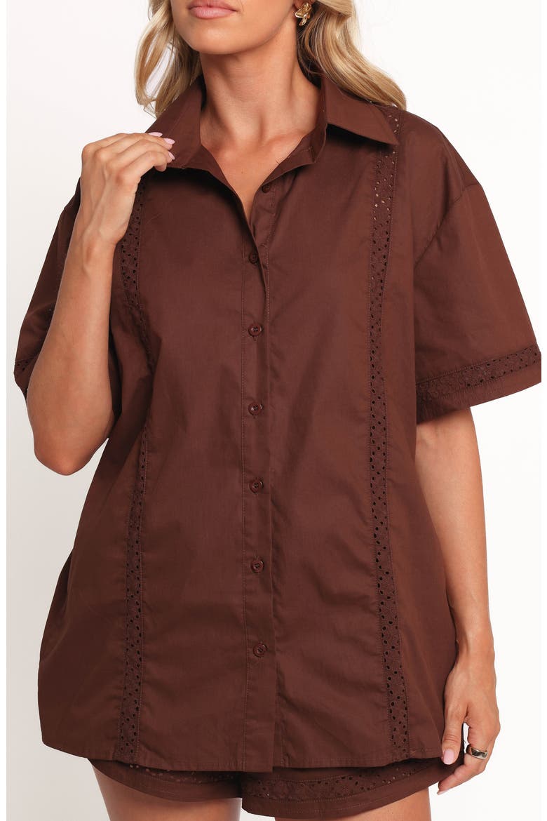 Austin Eyelet Trim Short Sleeve Cotton Button-Up Shirt, Alternate, color, CHOCOLATE