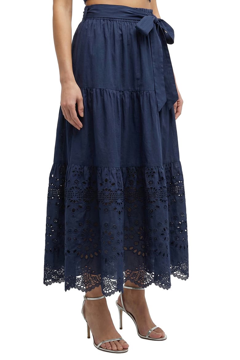 Jenni Tiered Belted Eyelet Smock Waist Skirt, Main, color, Navy Calypso Eyelet