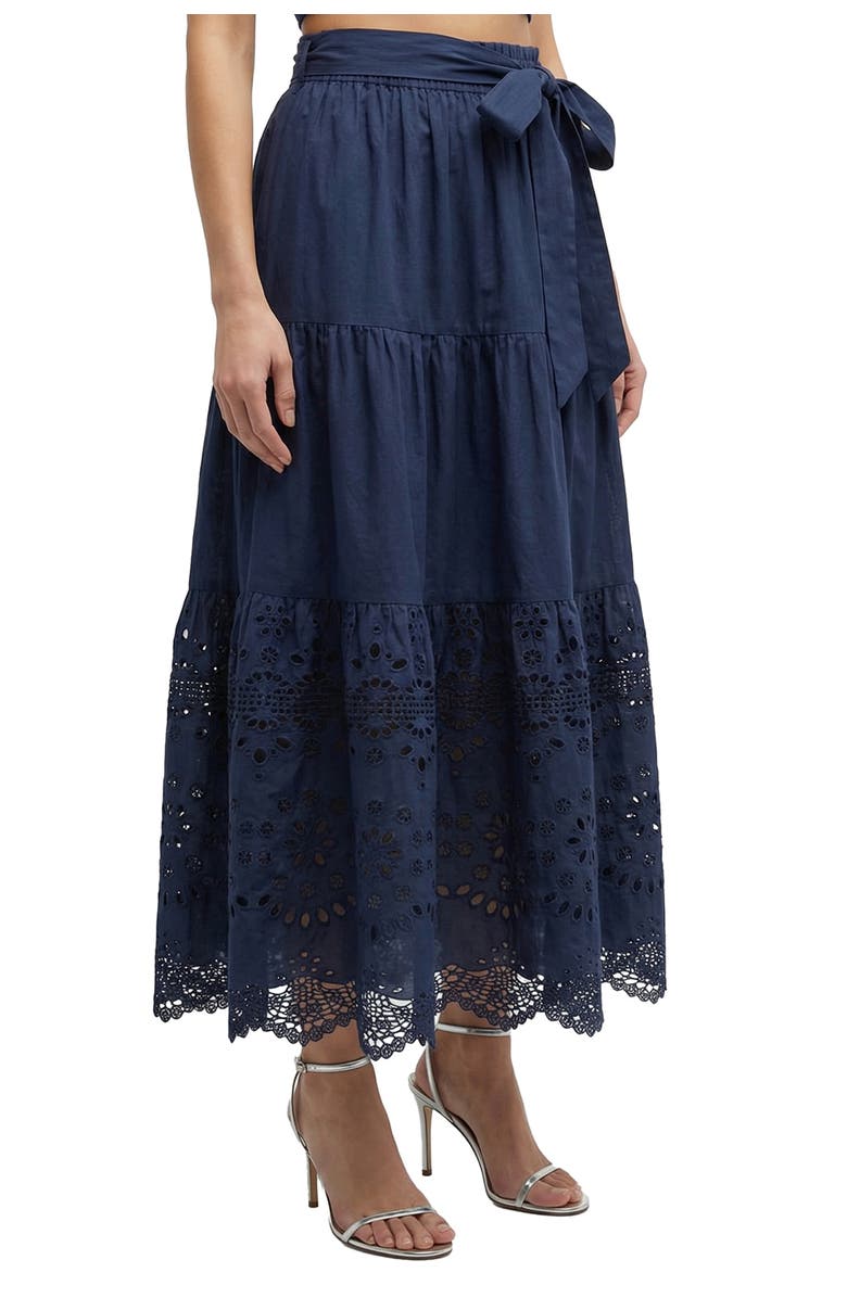 Change of Scenery Jenni Tiered Belted Eyelet Smock Waist Skirt, Main, color, Navy Calypso Eyelet