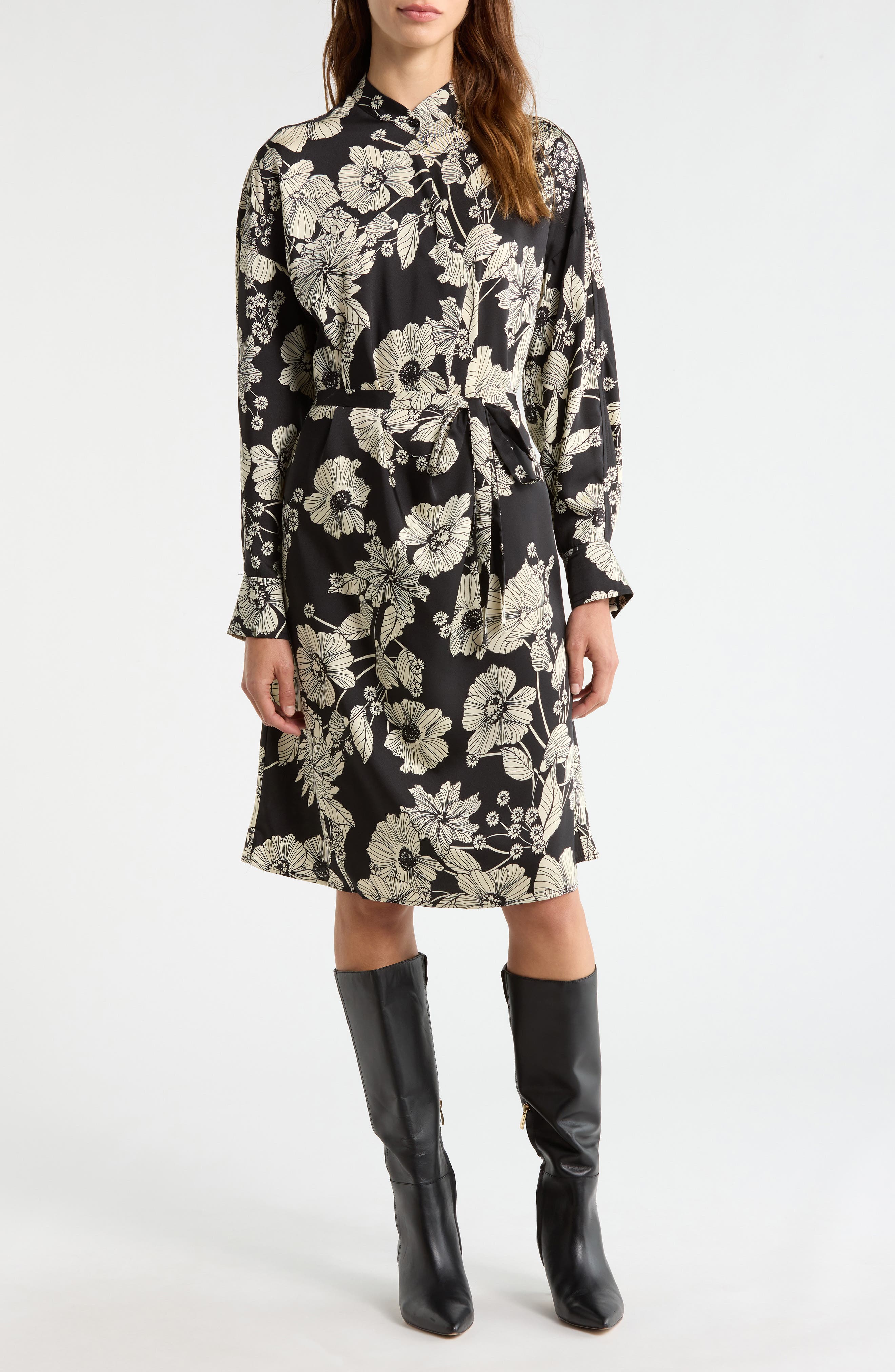MELLODAY Floral Tie Belt Long Sleeve Dress