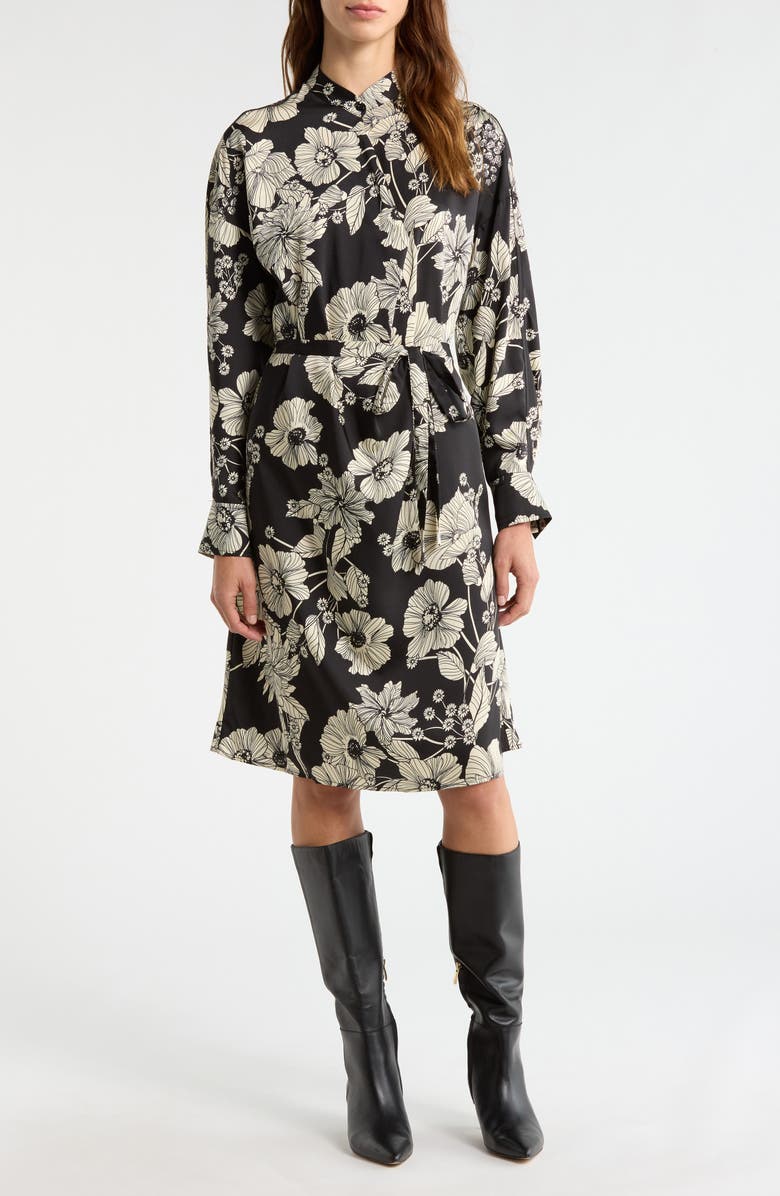 MELLODAY Floral Tie Belt Long Sleeve Dress, Main, color, Black Flower Multi