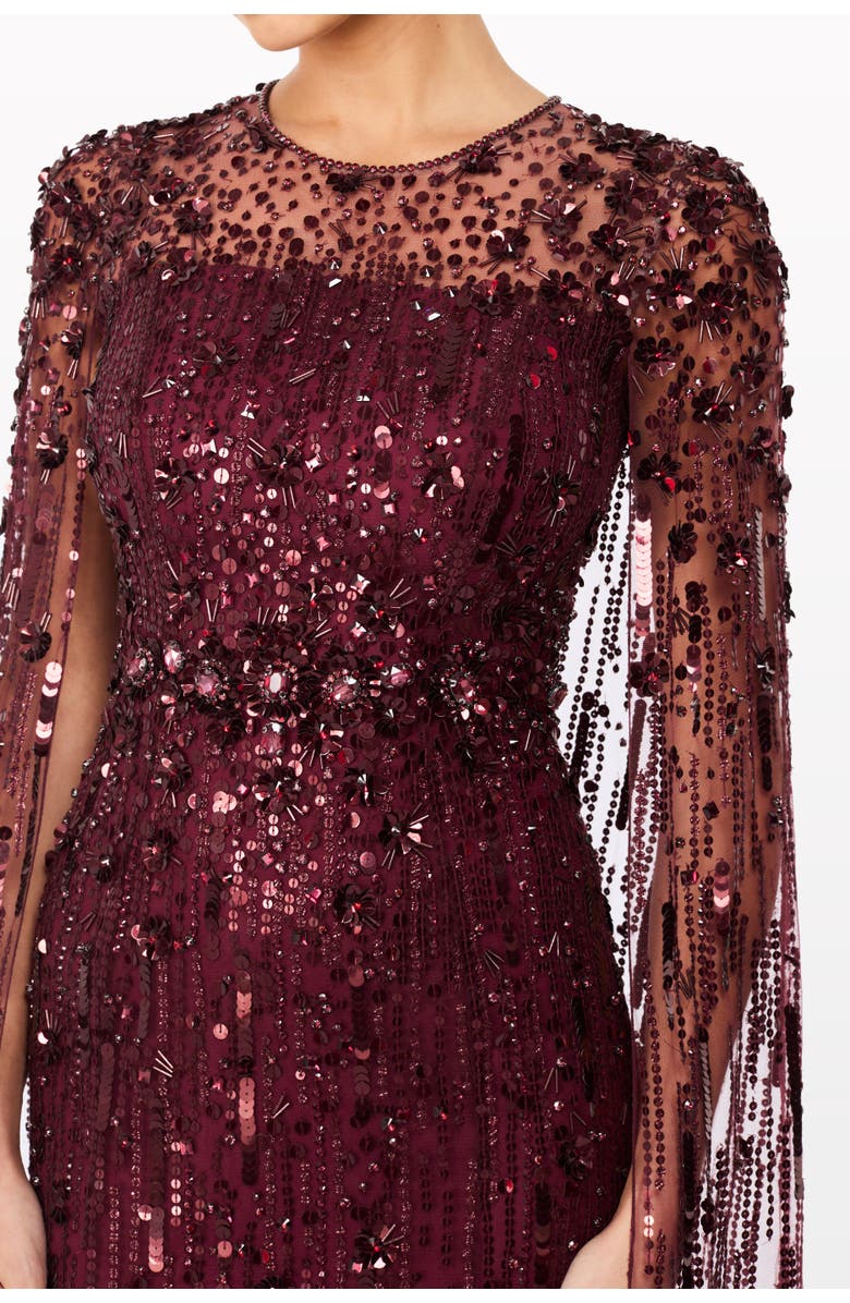 Jenny Packham Ruby Sequin-Embellished Cape Maxi Dress, Alternate, color, Cardinal