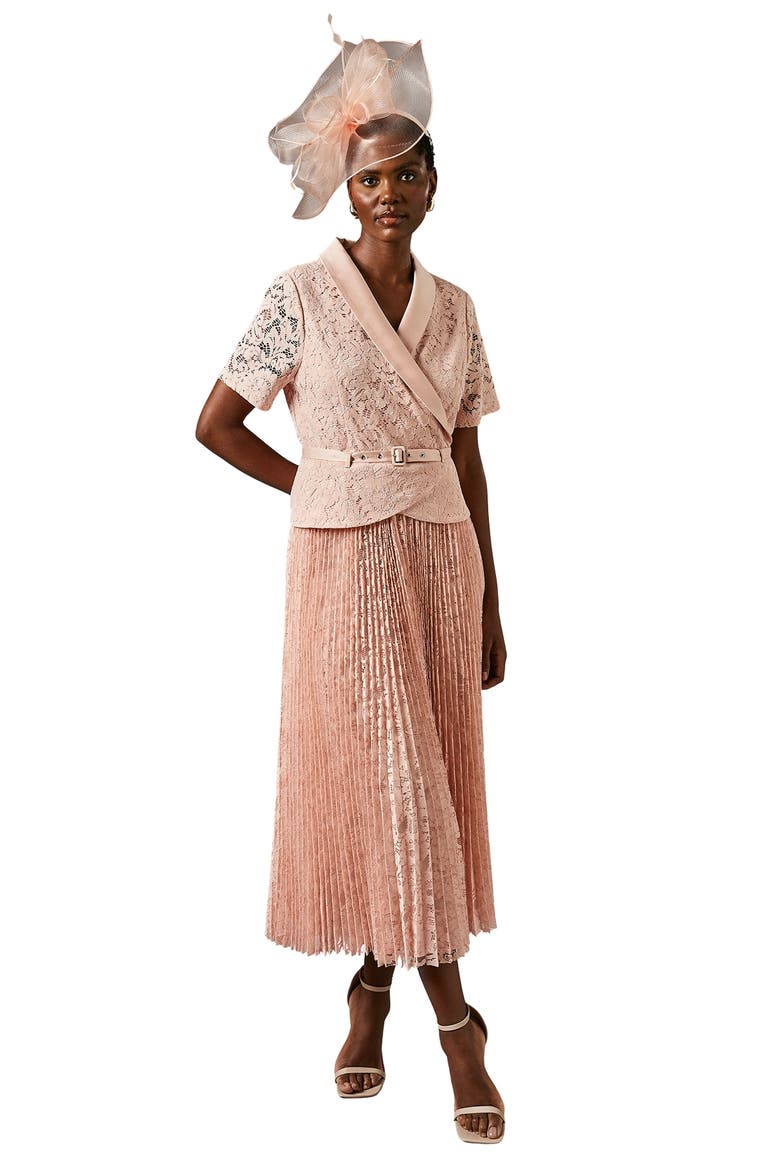 Lace 2-In-1 Jacket Pleated Midi Dress, Main, color, Blush